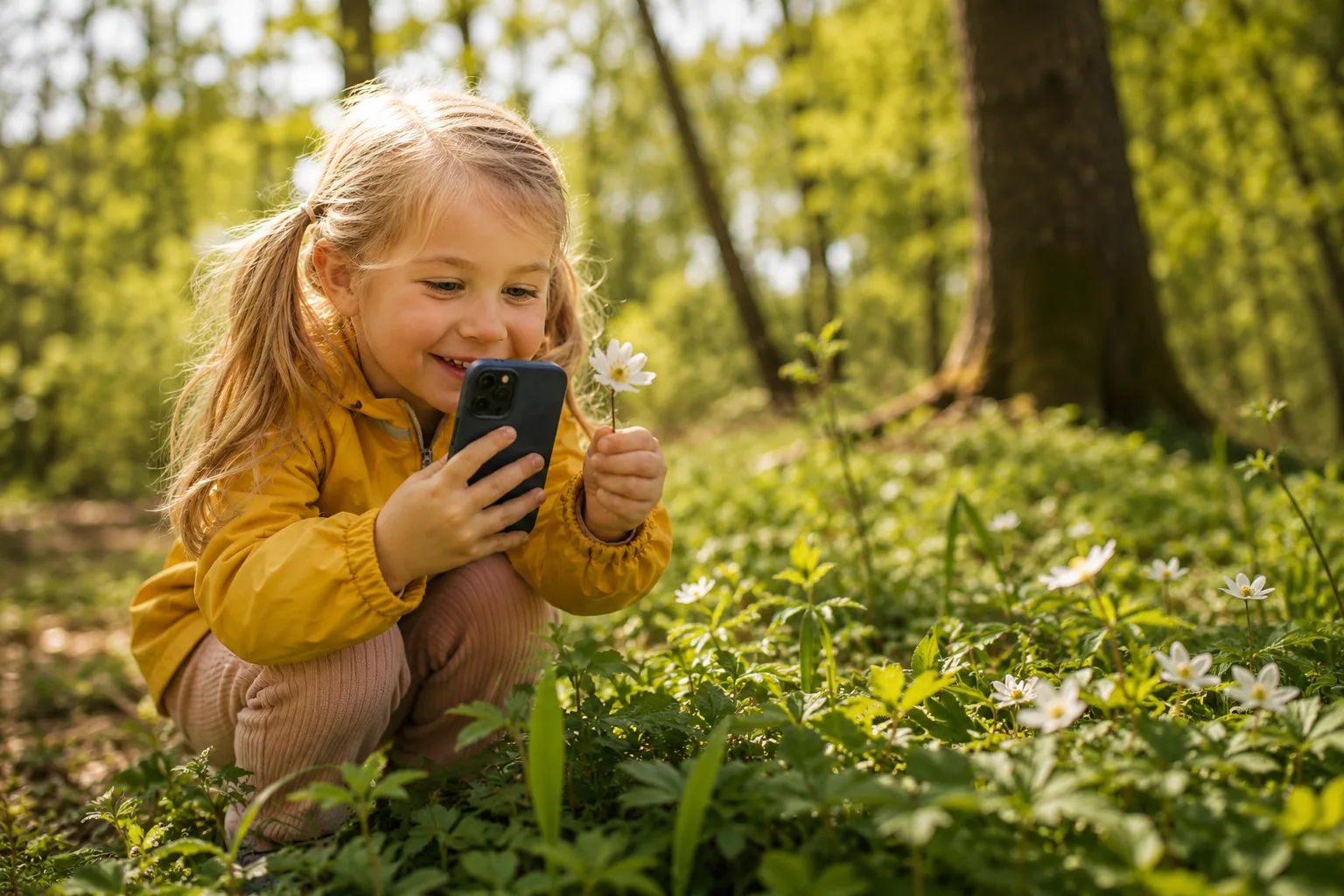 A girl taking a closer look at a flower