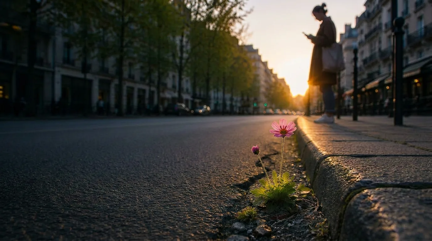 A small wildflower blooming through the cracks of a city sidewalk at sunset