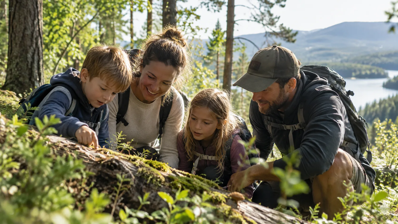 A family exploring a mossy log together in a sunlit forest, with a lake and hills in the distance