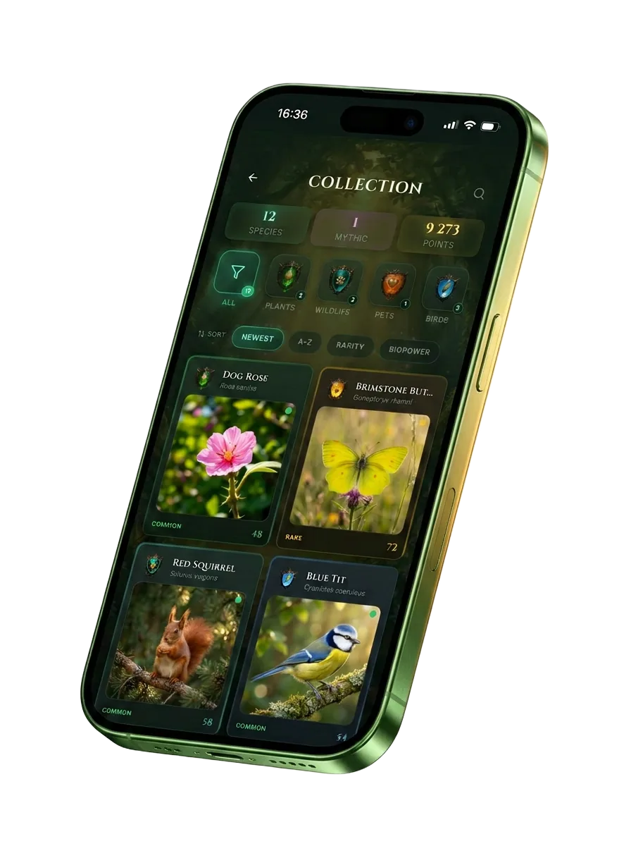 The Speciefy app on a phone in front of collected species cards
