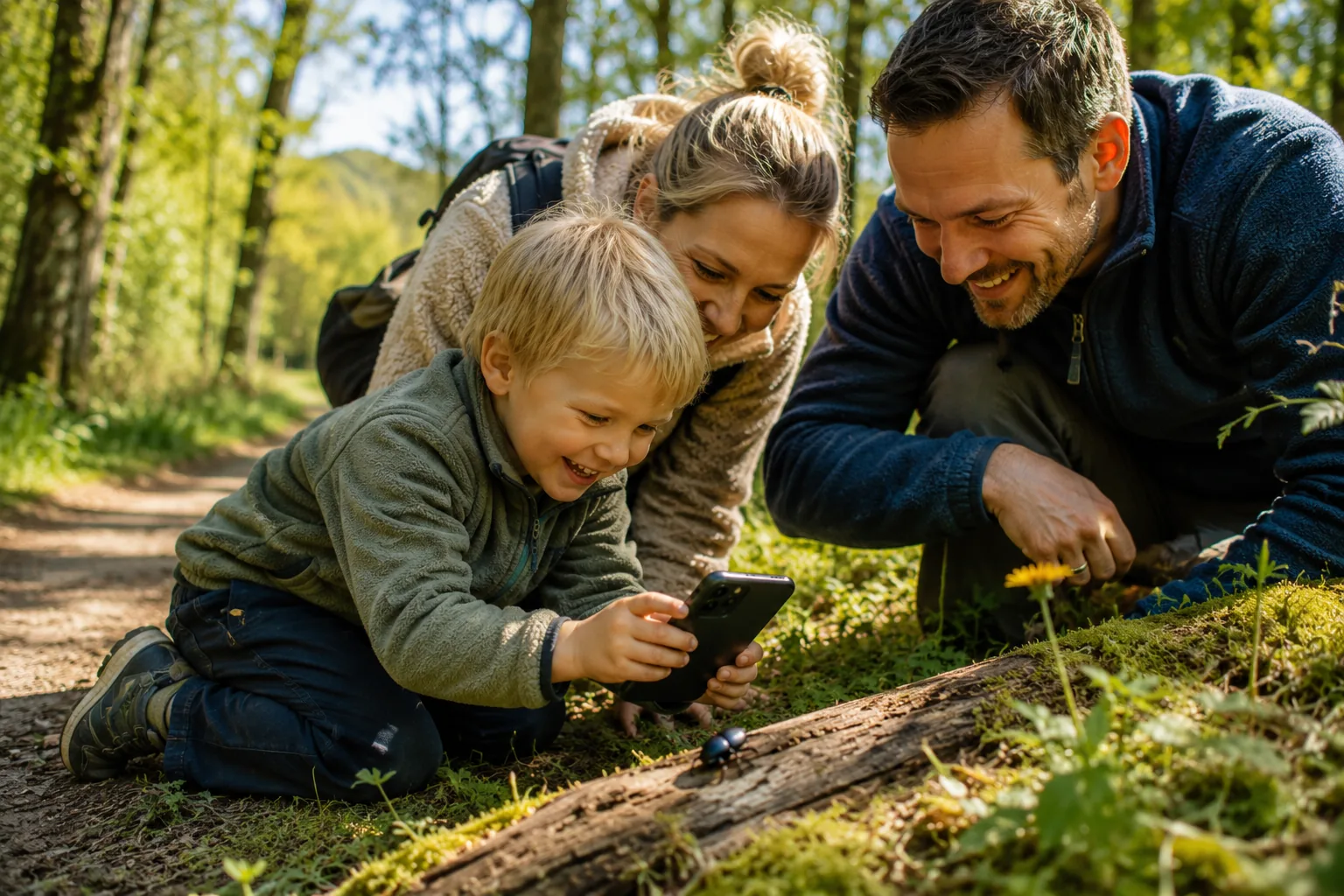 A family exploring the forest together with Nature bingo