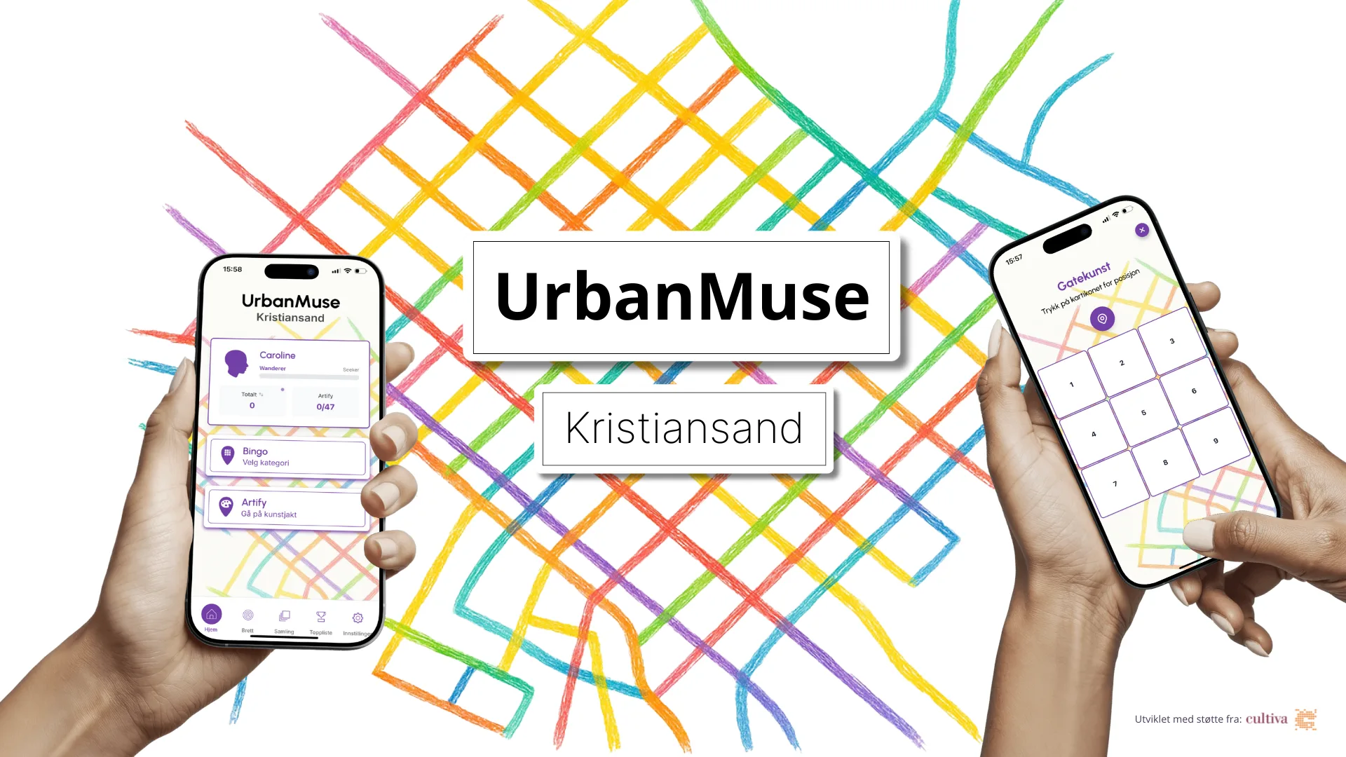 Two phones showing the UrbanMuse app with bingo boards and a city map.